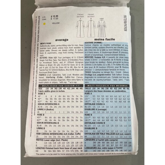 Butterick 6844 Preist Alb Cassock Sewing Pattern Size 44-48 Fabric Long Robe NEW - Picture 3 of 6
